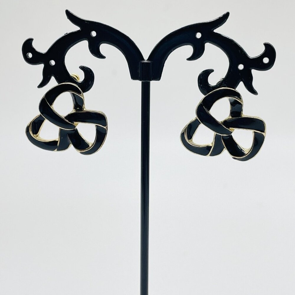 Vintage Black Enamel Knot Earrings Gold Tone Pierced Triple Triangle